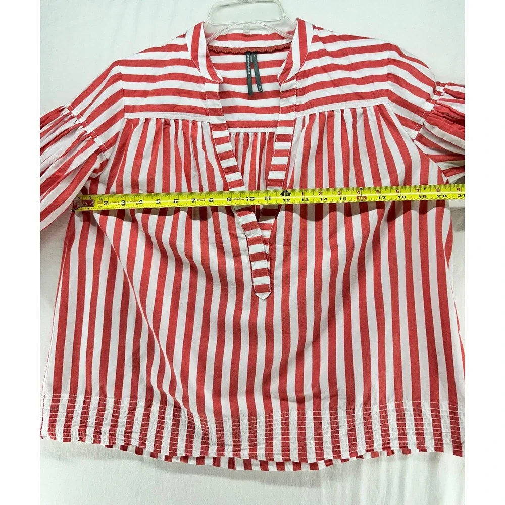 Anthropologie Red White Striped Puff Sleeve Cotton Blouse Top Shirt Boho Medium